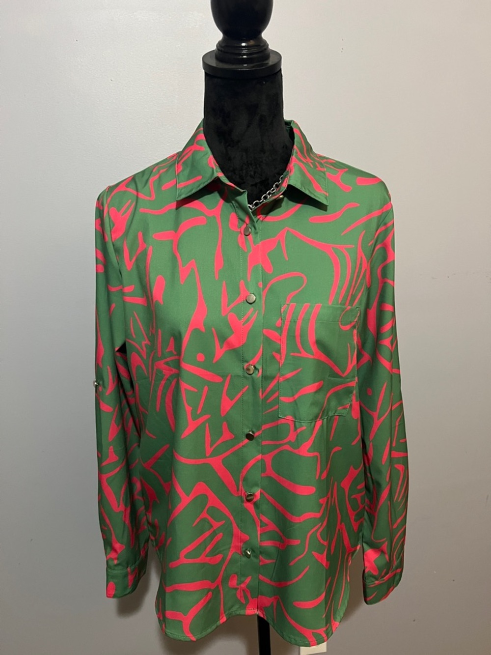 Women's Green and Hot Pink Abstract Button-Up Blouse